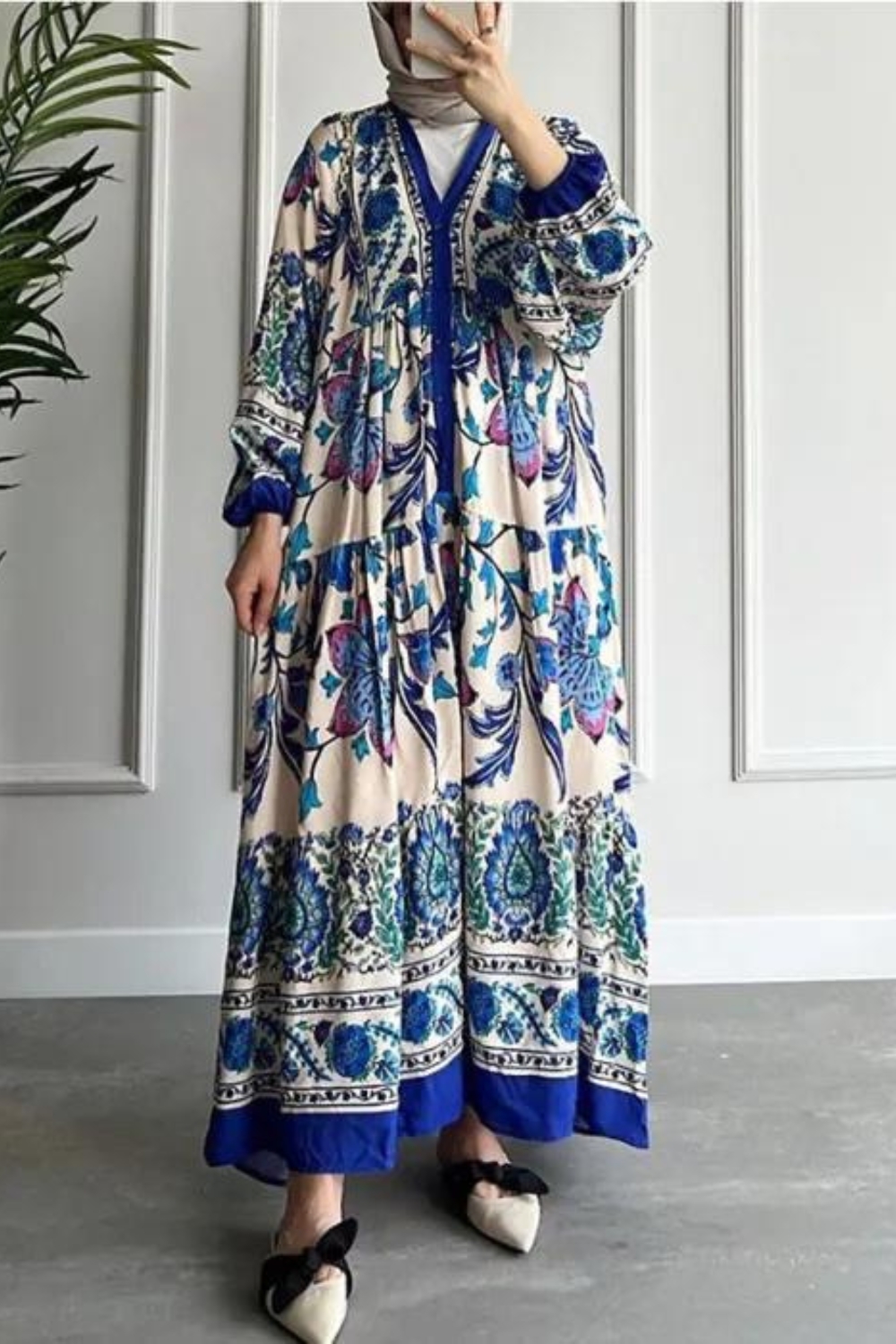 Original Loose Short Sleeves Buttoned Contrast Color Printed Stand Collar Midi Dresses