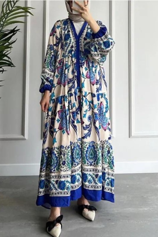 Fashion Contrast Color Ethnic Long Sleeve Stand Collar Printed  Maxi Dress