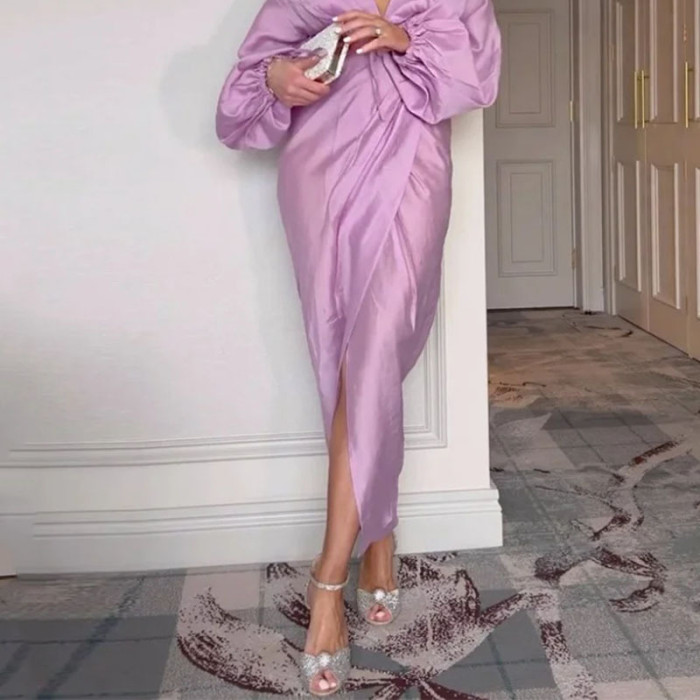 Women's Fashion Elegant Sexy Cardigan Solid Color Pleated Waist Maxi Dress