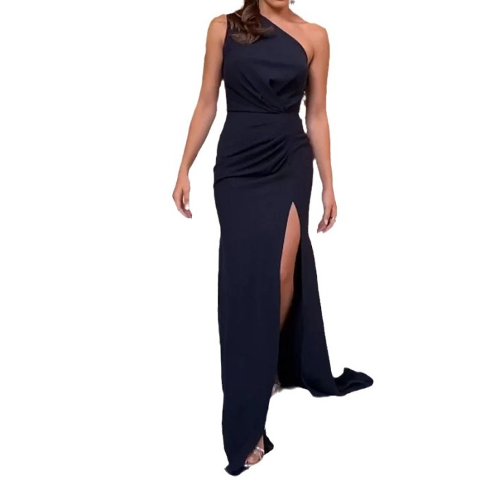 Women's Solid Color Fashion Sexy Angled Shoulder Slit Party Bodycon  Maxi Dress
