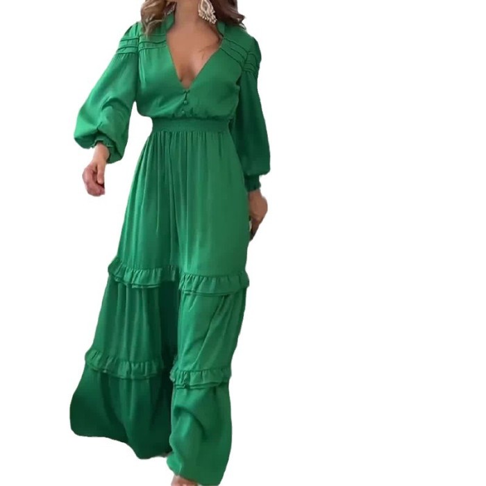 Women's Solid Color Deep V Neck High Waist Elastic Waist Design Long Sleeve Maxi Dress