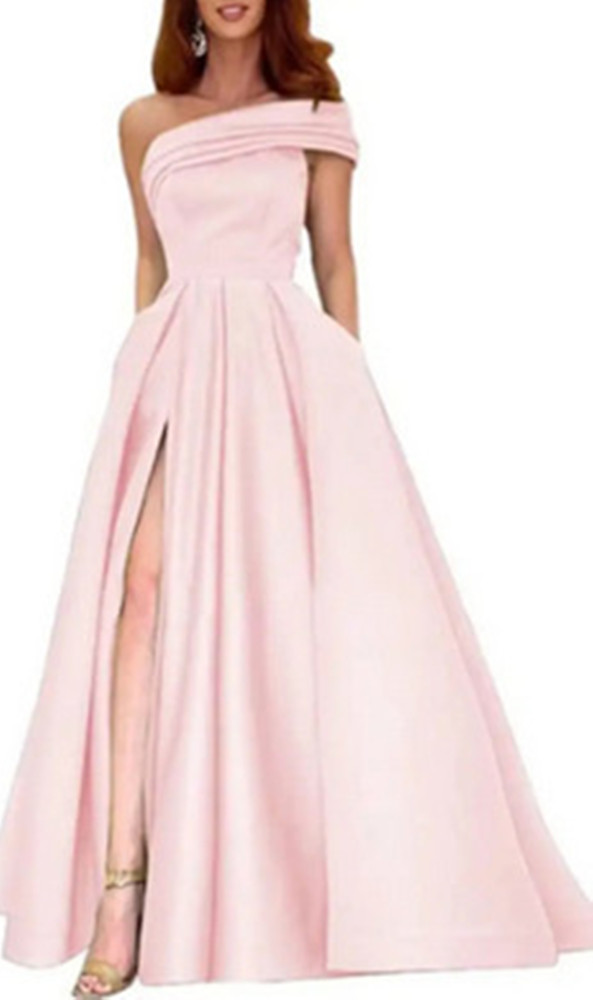Sexy Lady Party Slit Grown One Shoulder Satin Prom Evening Maxi  Prom Dress