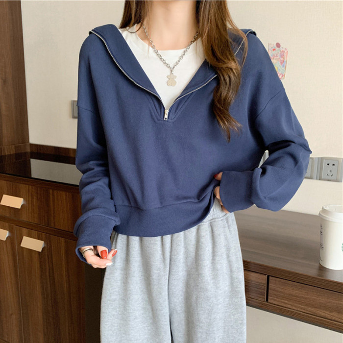 Zip Up Sailor Collar Hoodie Sweatshirt  Fake 2 piece Tops Harajuku Long Sleeve Cute Tops
