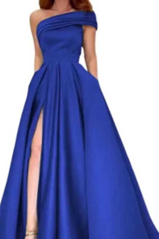 Sexy Lady Party Slit Grown One Shoulder Satin Prom Evening Maxi  Prom Dress