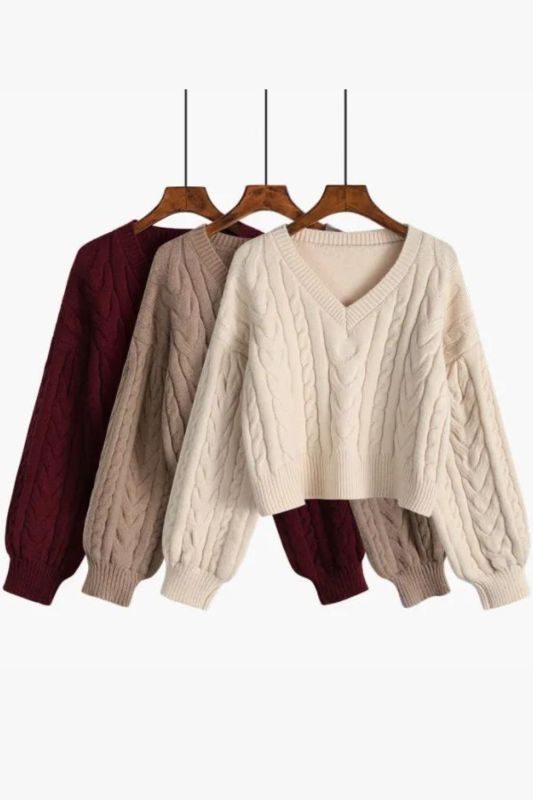 V-neck Twist Sweater Women's Outer Wear Puff Sleeve Thicken Pullover Short Knitting Top