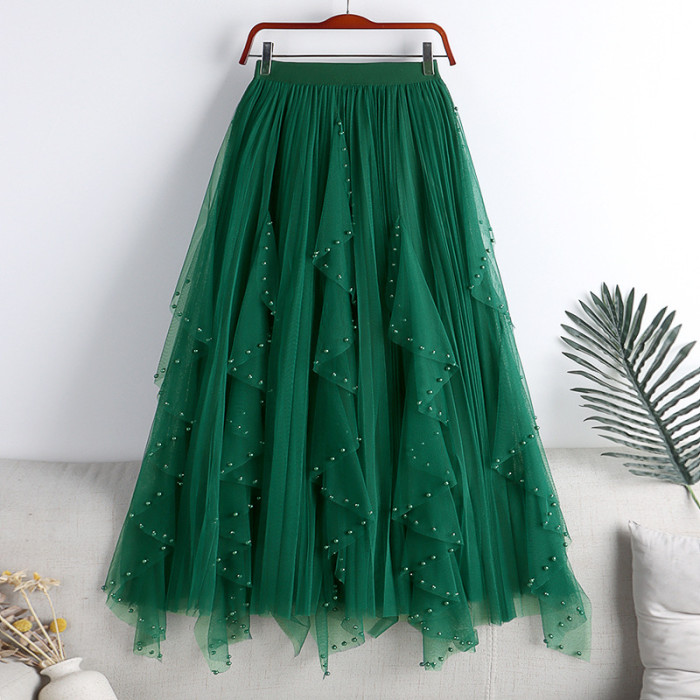 Women Long Tulle Skirts Female Irregular High Waist  Fashion Beading Tutu Skirts