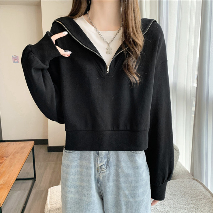 Zip Up Sailor Collar Hoodie Sweatshirt  Fake 2 piece Tops Harajuku Long Sleeve Cute Tops