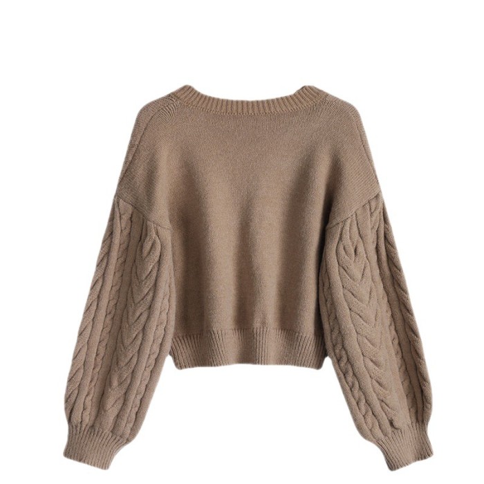V-neck Twist Sweater Women's Outer Wear Puff Sleeve Thicken Pullover Short Knitting Top