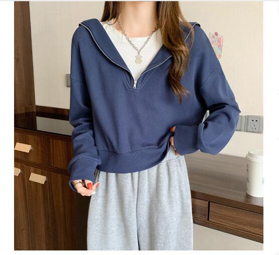 Zip Up Sailor Collar Hoodie Sweatshirt  Fake 2 piece Tops Harajuku Long Sleeve Cute Tops