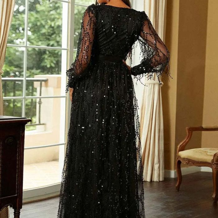Women's Elegant Long Dress, Sequin Style Deep V  Hanging Neck Strap Evening Dress