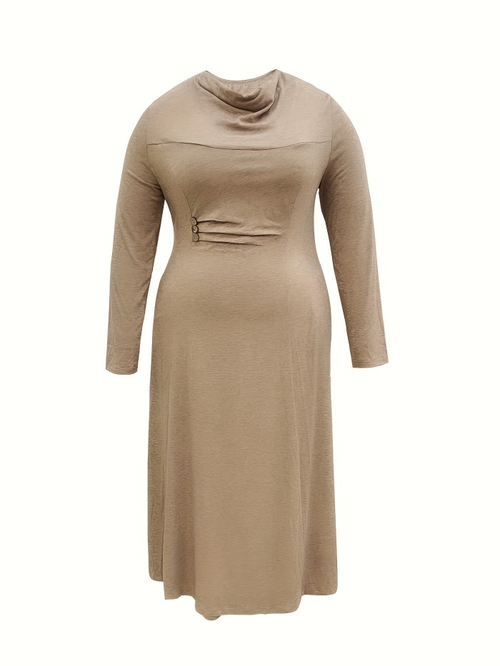 Plus Size Casual Dress, Women's Plus Button Decor Long Sleeve Cowl Neck High Stretch Dress With Pockets