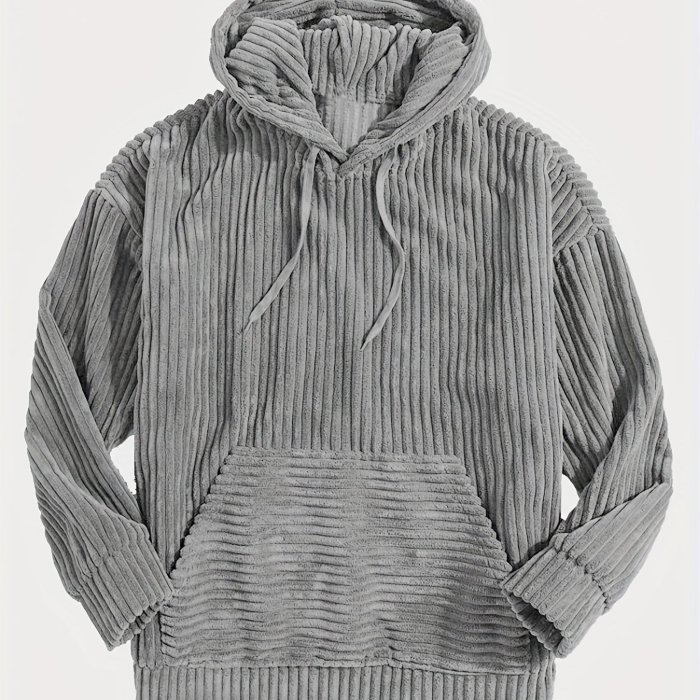 Vintage Corduroy Hoodies For Men, Men's Casual Pullover Hooded Sweatshirt With Kangaroo Pocket Streetwear For Winter Fall, As Gifts