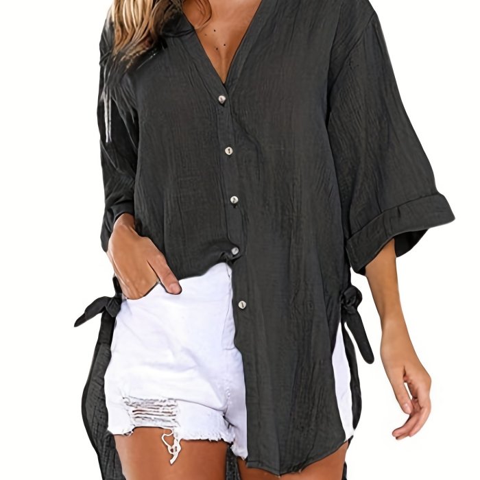 Solid Color V Neck Blouse, Casual Half Sleeve Blouse For Spring & Summer, Women's Clothing