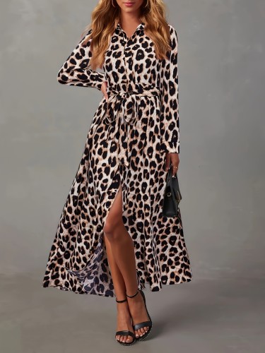 Leopard Print Tie Waist Dress, Elegant Long Sleeve Dress For Spring & Fall, Women's Clothing