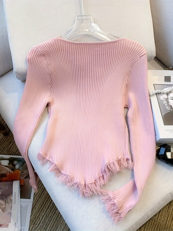 Tassel Trim Crew Neck Rib Knit Top, Casual Long Sleeve Slim Asymmetrical Sweater, Women's Clothing