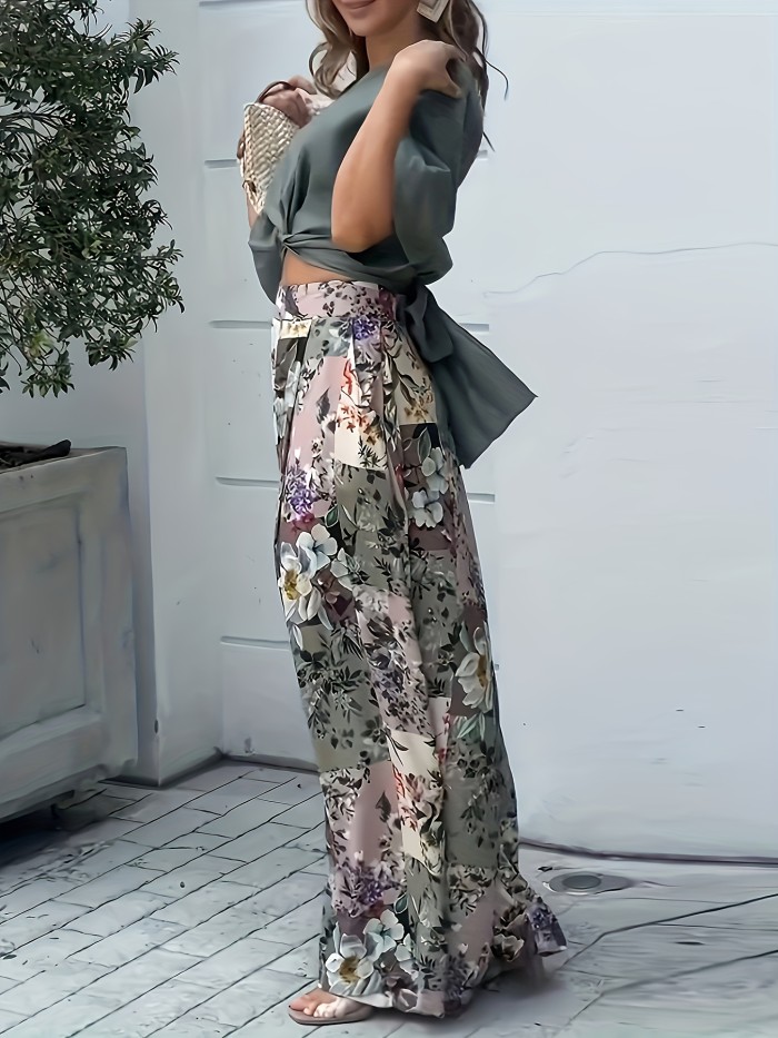 Solid Two-piece Set, Solid Twist Front Top & Floral Print Wide Leg Pants Outfits, Women's Clothing
