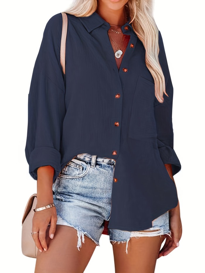 Plus Size Casual Shirt, Women's Plus Solid Button Up Long Sleeve Loose Collared Plain Blouse Top