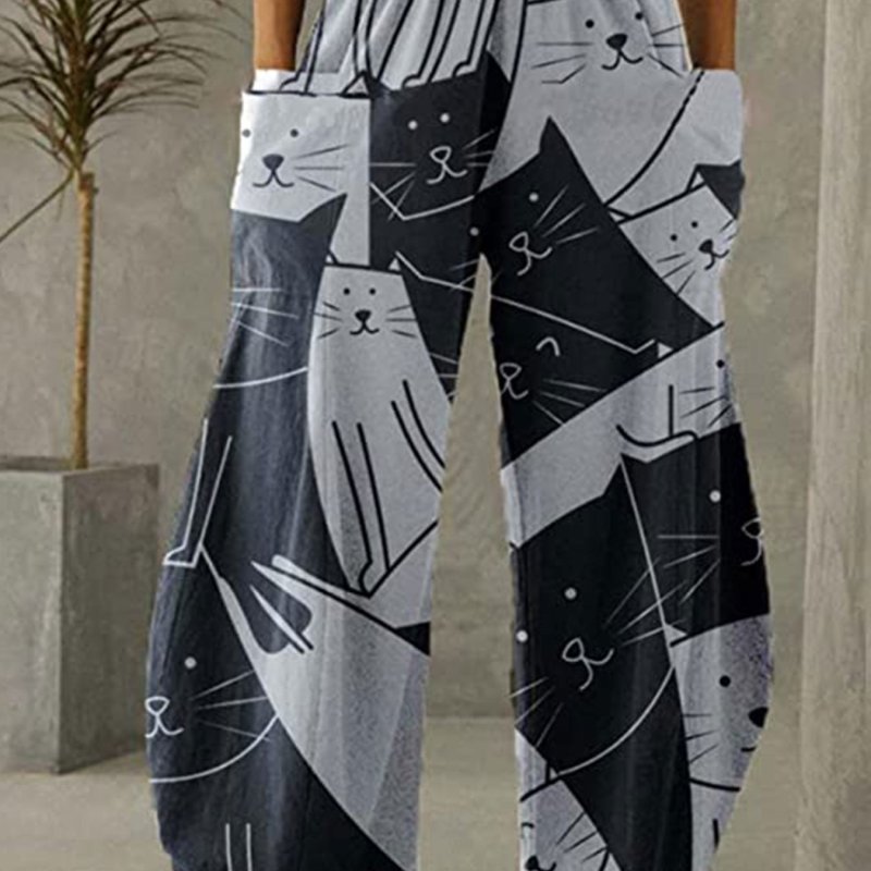 Women's Pants Mid Waist Cat Print Pocket Long Length Pants