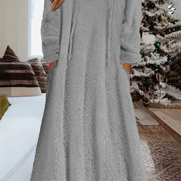 Plus Size Casual Dress, Women's Plus Solid Fuzzy Fleece Long Sleeve Drawstring Hooded Dress With Pockets