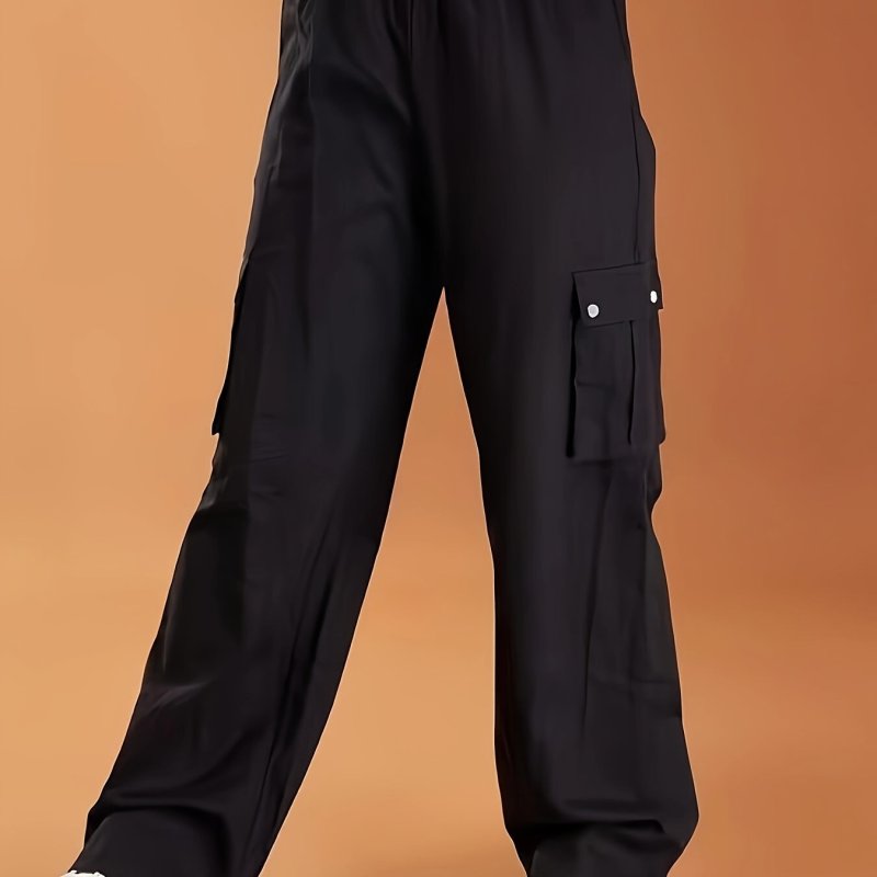 Solid Loose Cargo Pants, Casual Flap Pocket Elastic Waist Pants, Women's Clothing