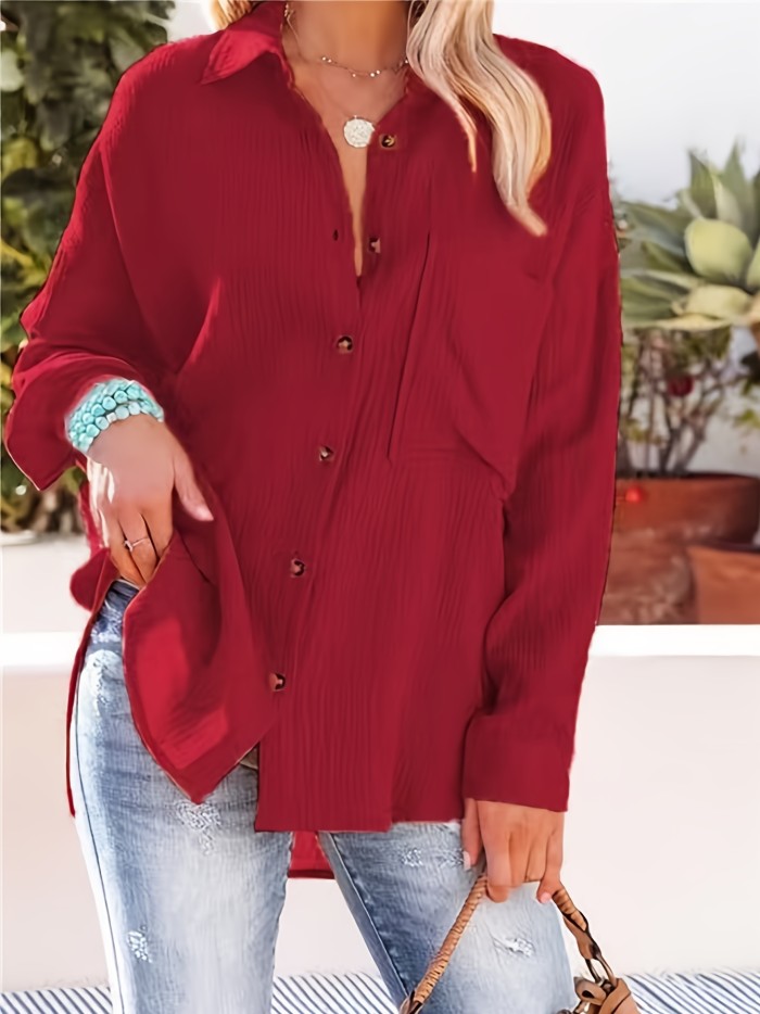 Plus Size Casual Shirt, Women's Plus Solid Button Up Long Sleeve Loose Collared Plain Blouse Top