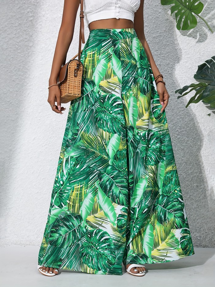 Boho Plants Print Pants, Casual High Waist Elastic Wide Leg Summer Beach Palazzo Pants, Women's Clothing