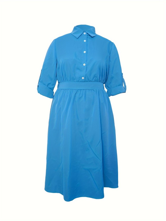 Plus Size Casual Dress, Women's Plus Solid Roll Up Sleeve Button Up Turn Down Collar Nipped Waist Shirt Dress