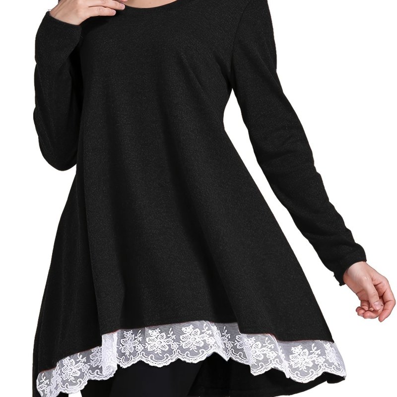 Lace Trim Solid Flared Tunics, Elegant Crew Neck Long Sleeve Tunics For Spring & Fall, Women's Clothing