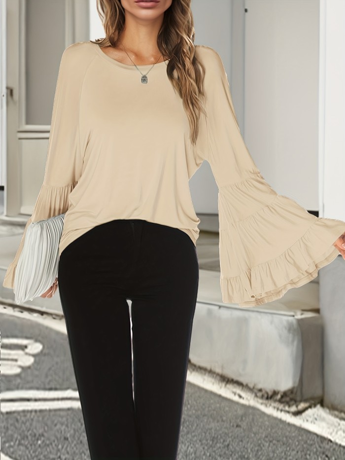 Flare Sleeve Crew Neck T-shirt, Elegant Solid T-shirt For Spring & Fall, Women's Clothing