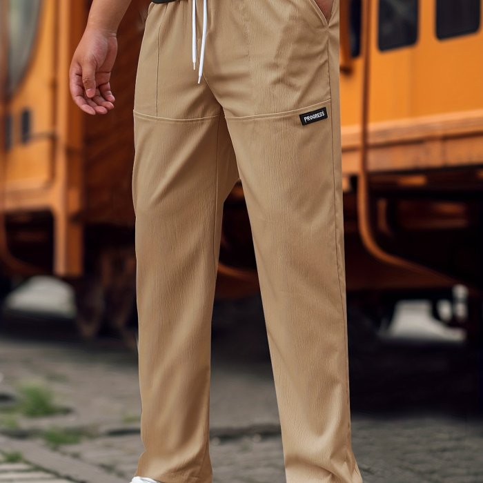 Men's Straight Leg Casual Work Pants, Classic Design Waist Drawstring Joggers For Fitness