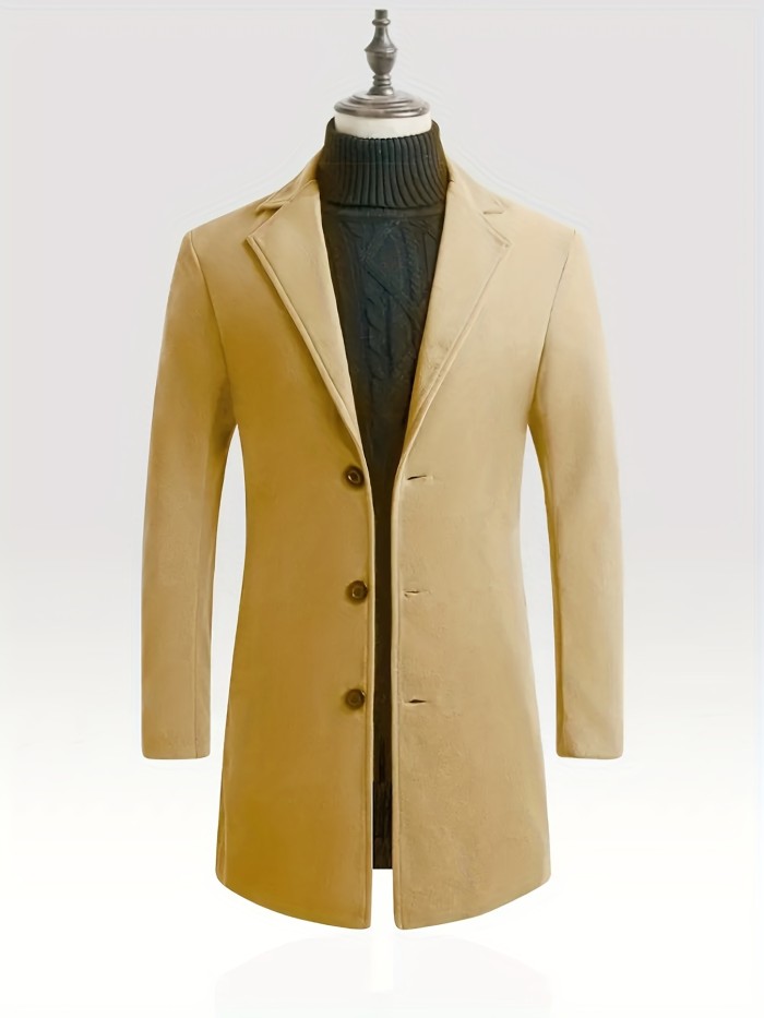 Classic Design Trench Coat, Men's Semi-formal Button Up Lapel Overcoat For Fall Winter Business
