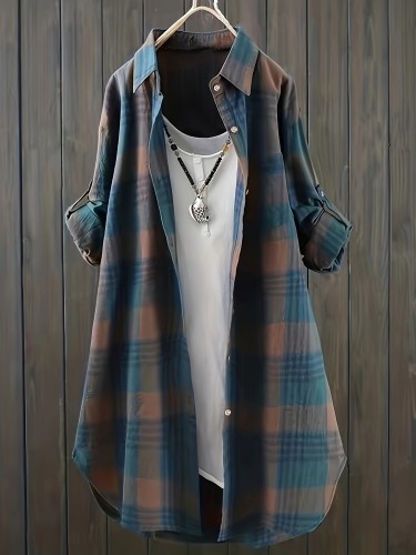 Plus Size Casual Blouse, Women's Plus Plaid Print Button Up Roll Up Sleeve Turn Down Collar Blouse