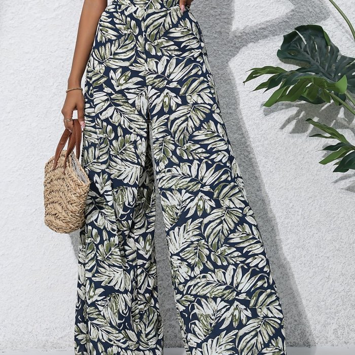 Boho Plants Print Pants, Casual High Waist Elastic Wide Leg Summer Beach Palazzo Pants, Women's Clothing