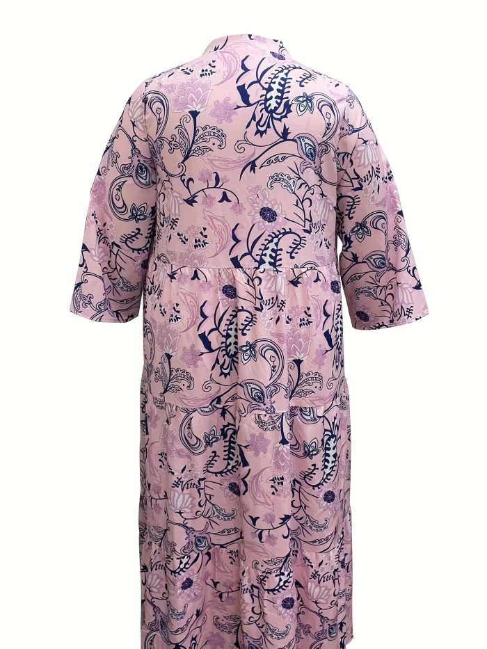 Plus Size Elegant Dress, Women's Plus Paisley Floral Print Three Quarter Sleeve V Neck Smock Maxi Dress