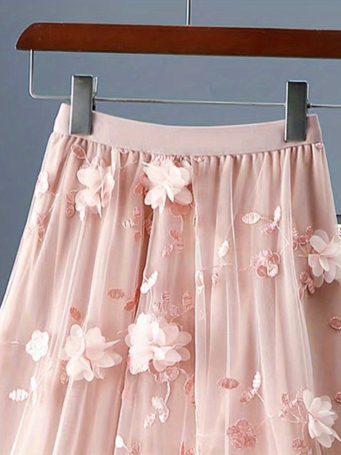 Floral Applique Mesh Skirt, Casual Elastic Waist Skirt, Women's Clothing