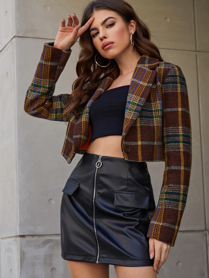 Chunky Gingham V-neck Crop Coat, Casual Plaid Long Sleeve Fashion Loose Crop Outerwear, Women's Clothing
