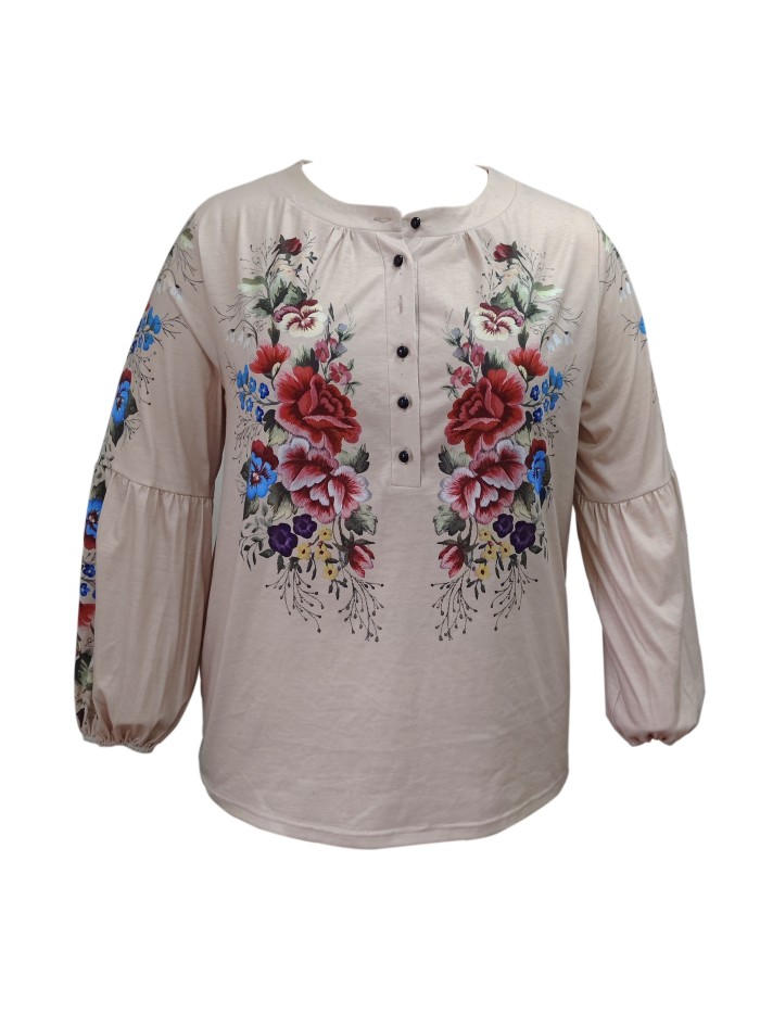 Plus Size Boho Blouse, Women's Plus Floral Embroidered Lantern Sleeve Polo Neck Top