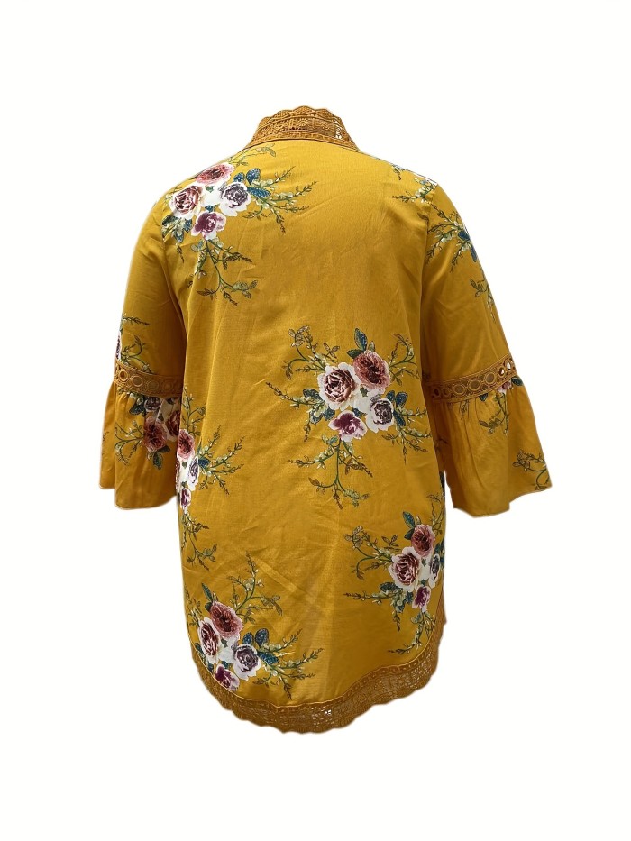 Plus Size Casual Coat, Women's Plus Floral Print Contrast Lace Bell Sleeve Open Front Cardigan