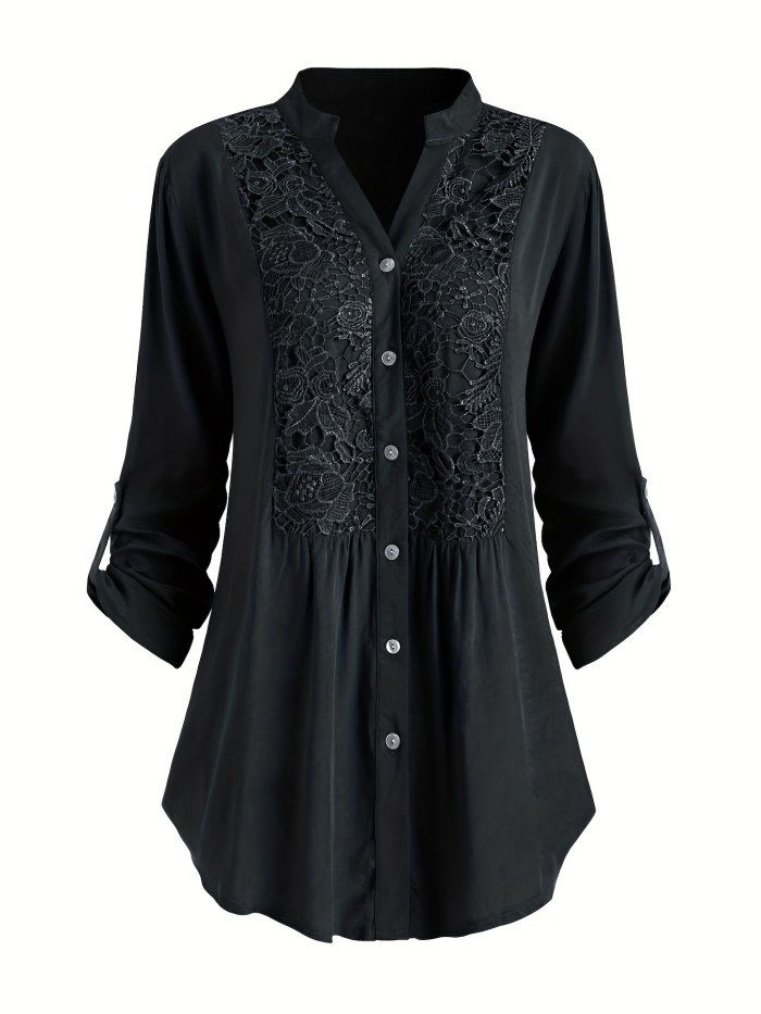 Plus Size Casual Blouse, Women's Plus Solid Button Up Contrast Lace Panel Roll Up Sleeve V Neck Blouse