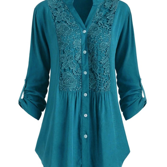 Plus Size Casual Blouse, Women's Plus Solid Button Up Contrast Lace Panel Roll Up Sleeve V Neck Blouse