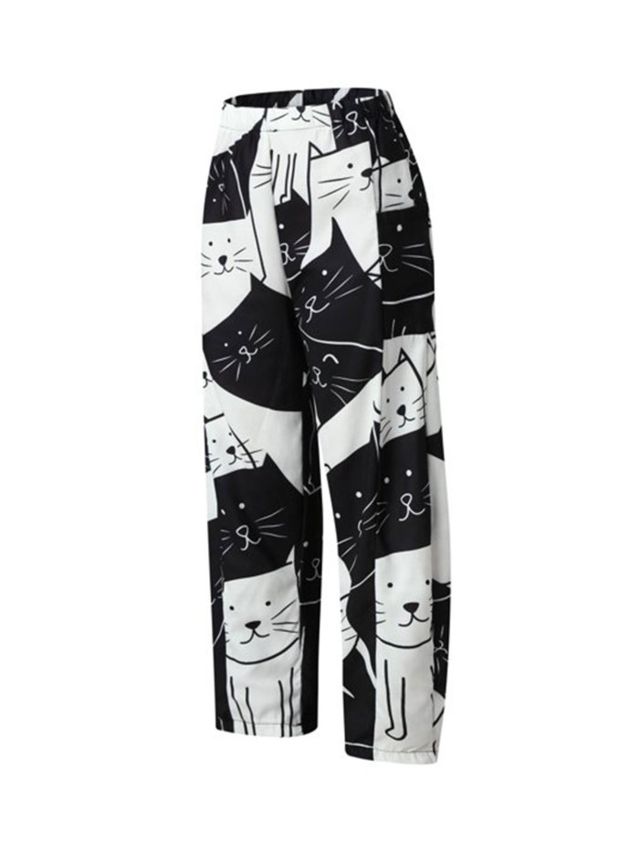 Women's Pants Mid Waist Cat Print Pocket Long Length Pants