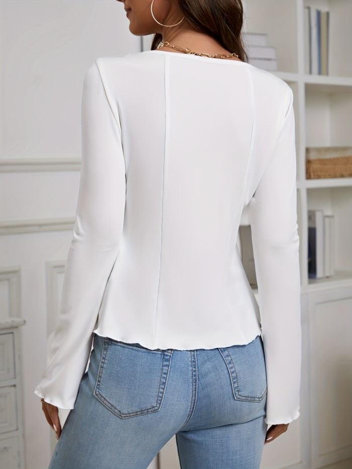 Solid Button Front Slit Hem T-Shirt, Elegant Long Sleeve Top For Spring & Fall, Women's Clothing