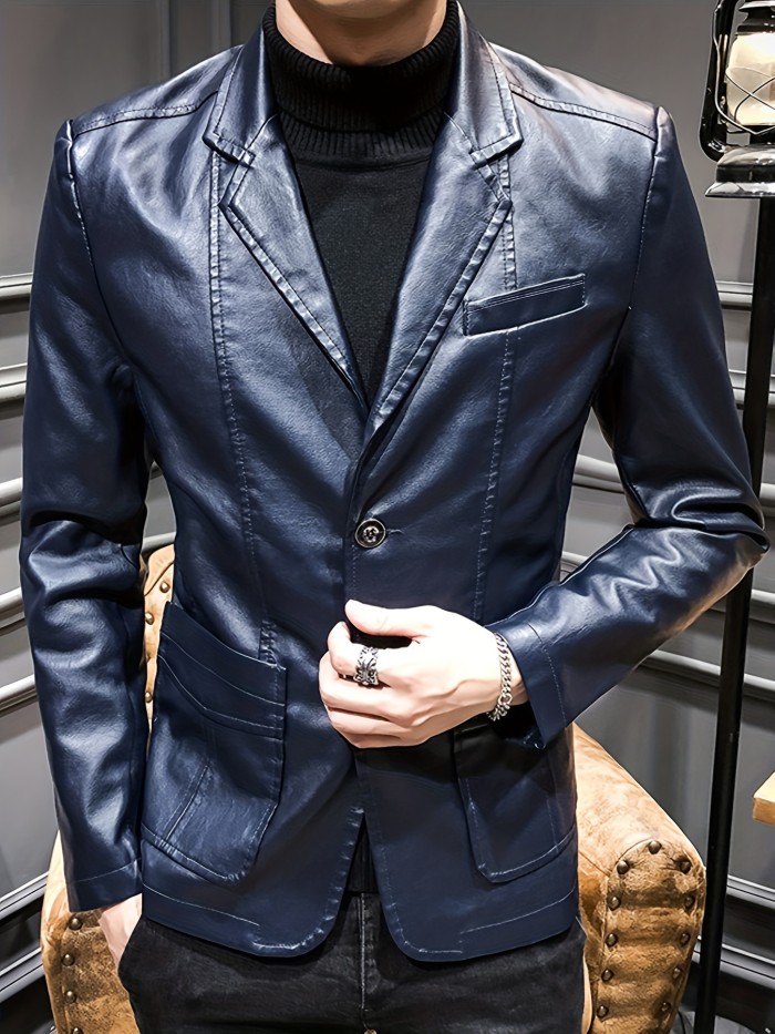 Men's Leather Lapel Zipper Up Cool Trendy Jacket For Autumn Winter Wear