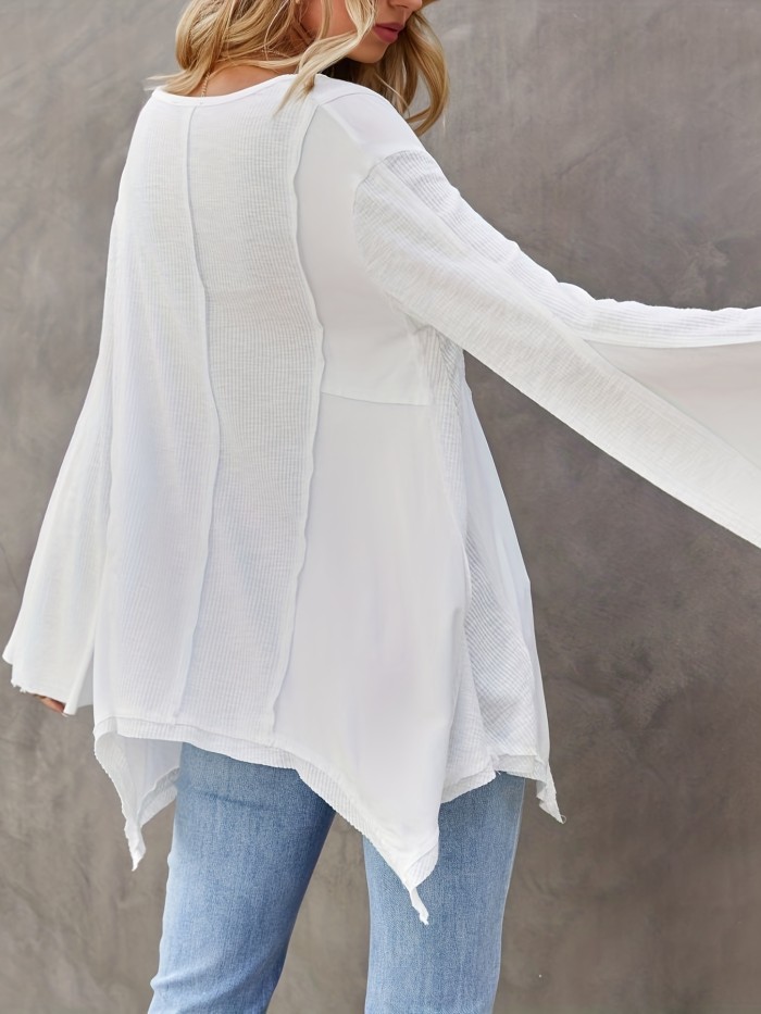 Solid V Neck Knitted Top, Elegant Bell Sleeve Asymmetrical Hem Loose Sweater, Women's Clothing