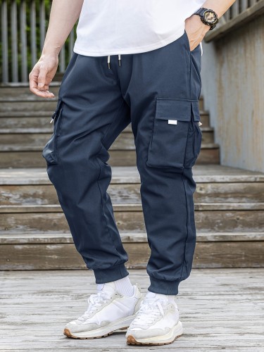 Men's Drawstring Cargo Pants With Flap Pockets, Loose Casual Comfy Jogger Pants