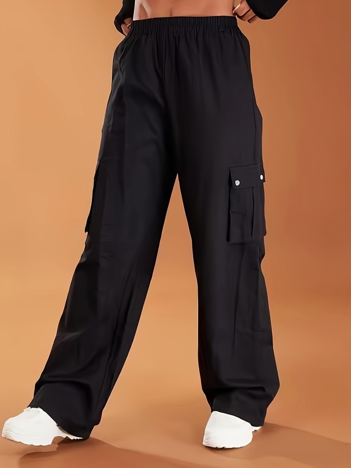 Solid Loose Cargo Pants, Casual Flap Pocket Elastic Waist Pants, Women's Clothing