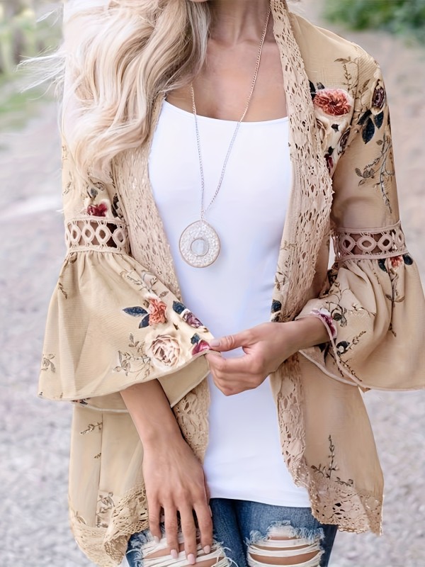 Plus Size Casual Coat, Women's Plus Floral Print Contrast Lace Bell Sleeve Open Front Cardigan