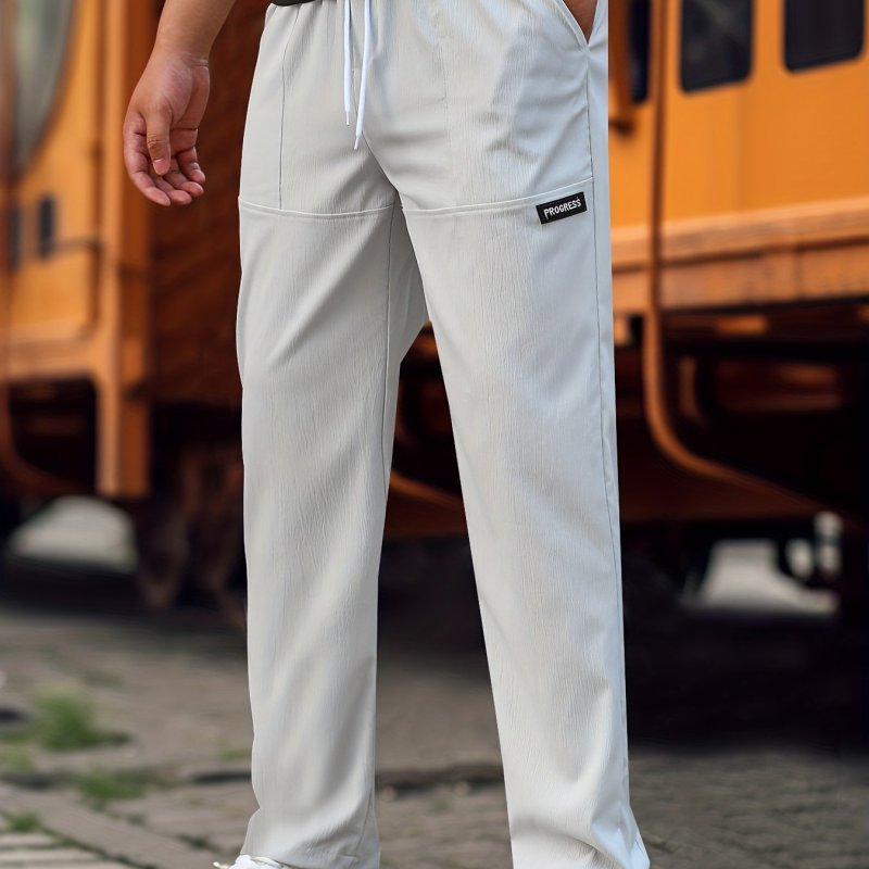 Men's Straight Leg Casual Work Pants, Classic Design Waist Drawstring Joggers For Fitness