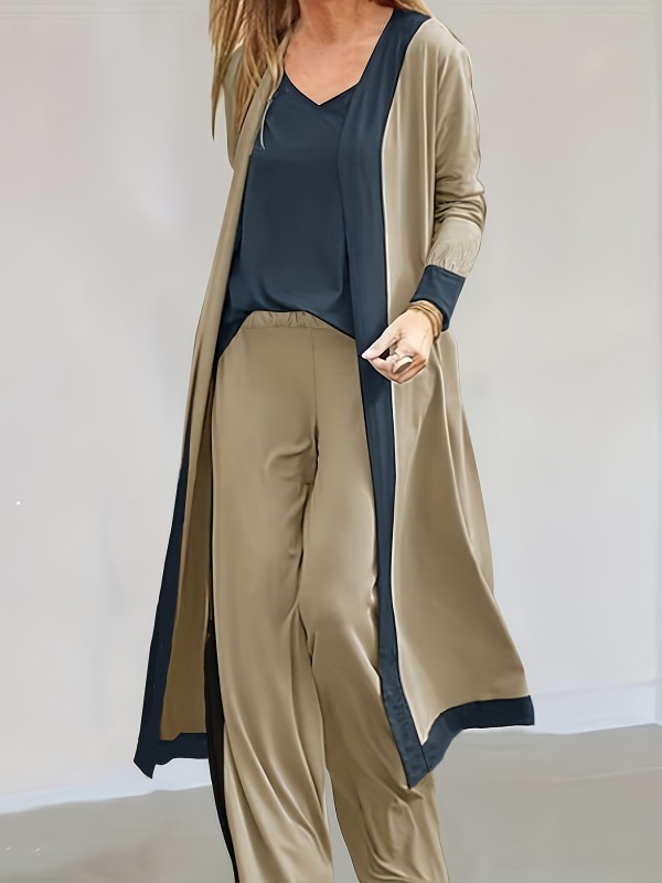 Color Block Casual Three-piece Set, Open Front Long Sleeve Cardigan & V Neck Tops & Wide Leg Pants Outfits, Women's Clothing