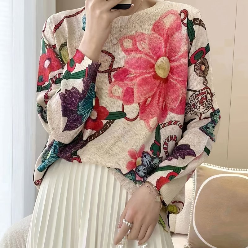 Floral Pattern Crew Neck Knit Sweater, Vintage Long Sleeve Loose Sweater, Women's Clothing